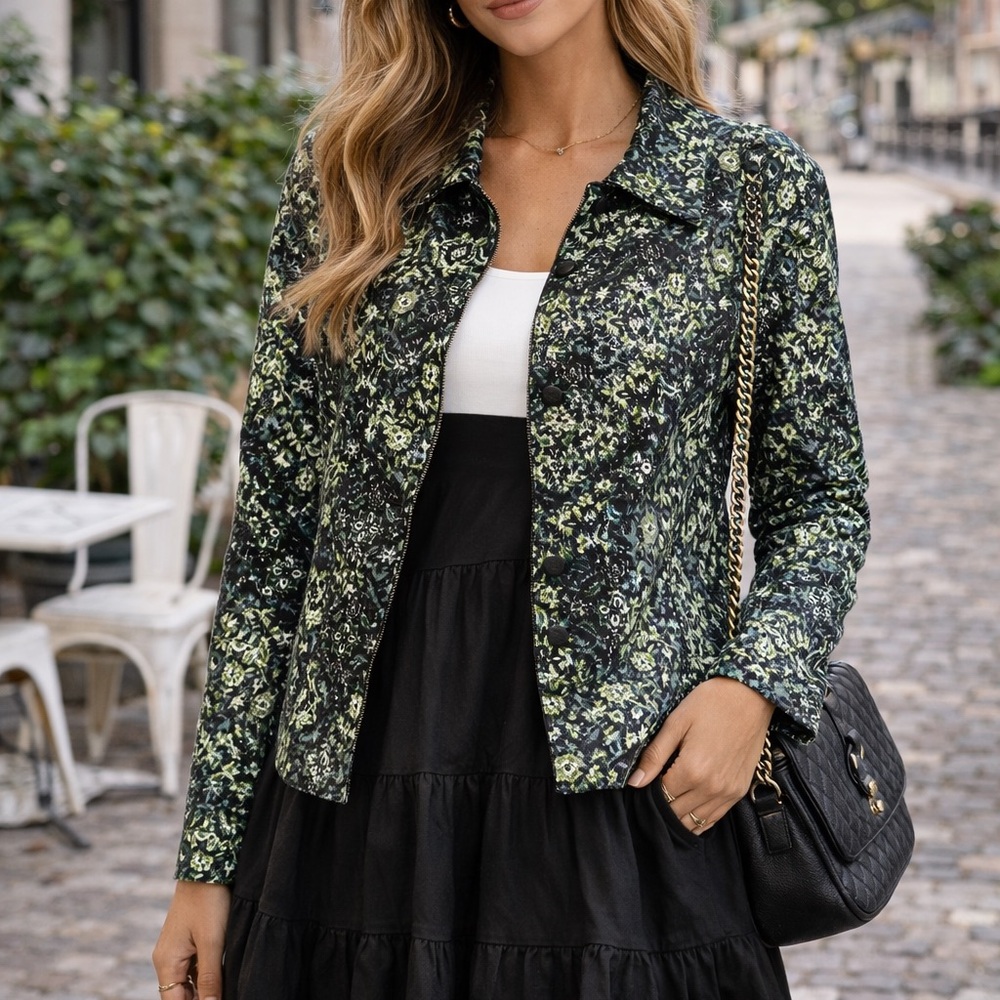Christopher & Banks Black Floral Jean Jacket with Green Accents